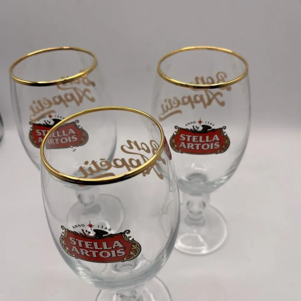 Stella Artois Gold Rim Belgium Chalice .33cl Beer Glasses - Set of 3